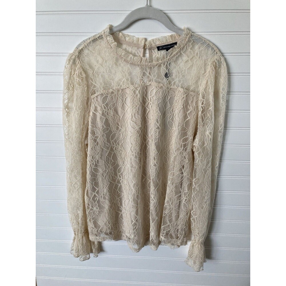 NEW Adrianna Papell Lace Puff Sleeve Top LARGE Champagne Edwardian Ethereal